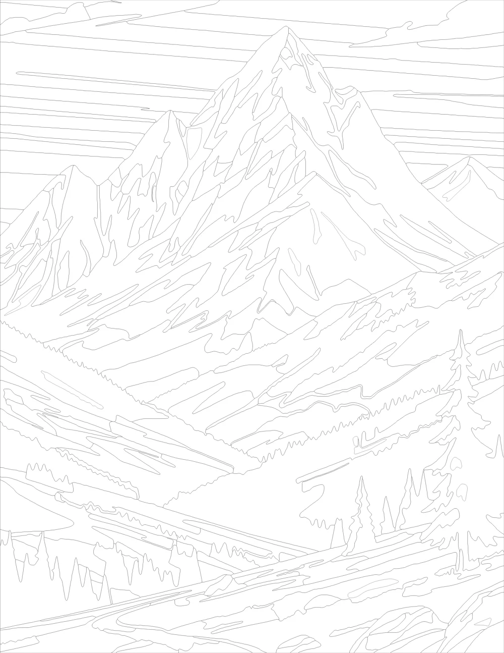Alpine Mountain Peak at Twilight Outline Version