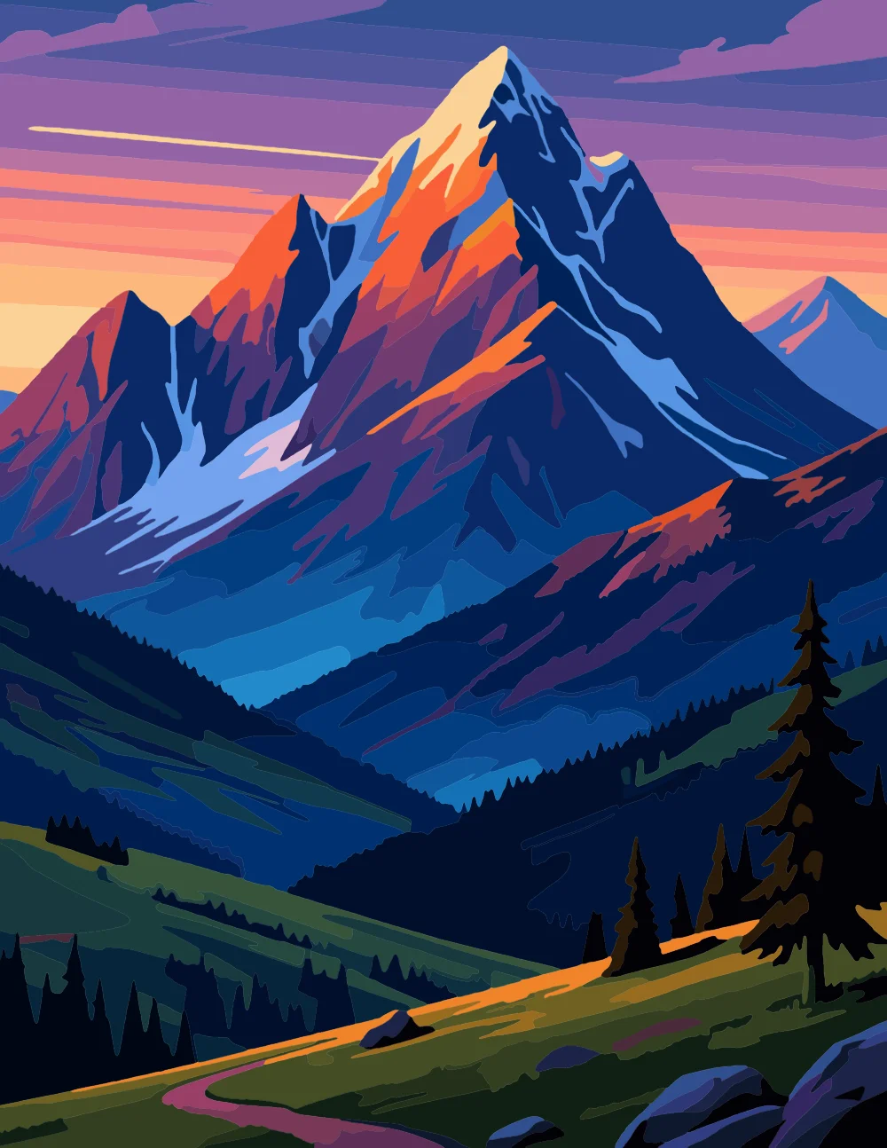 Alpine Mountain Peak at Twilight Full-Color Version
