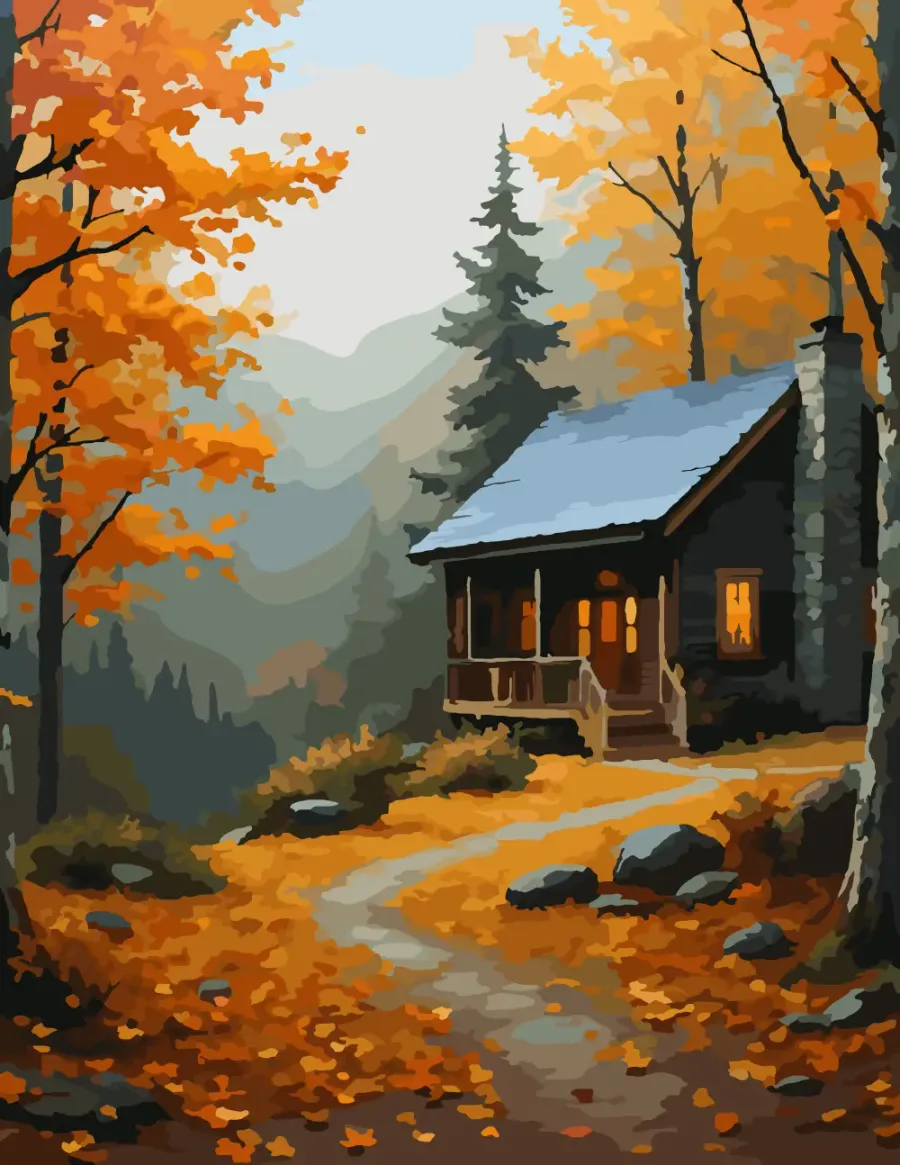 Mountain Cabin in Autumn Foliage Color by Number
