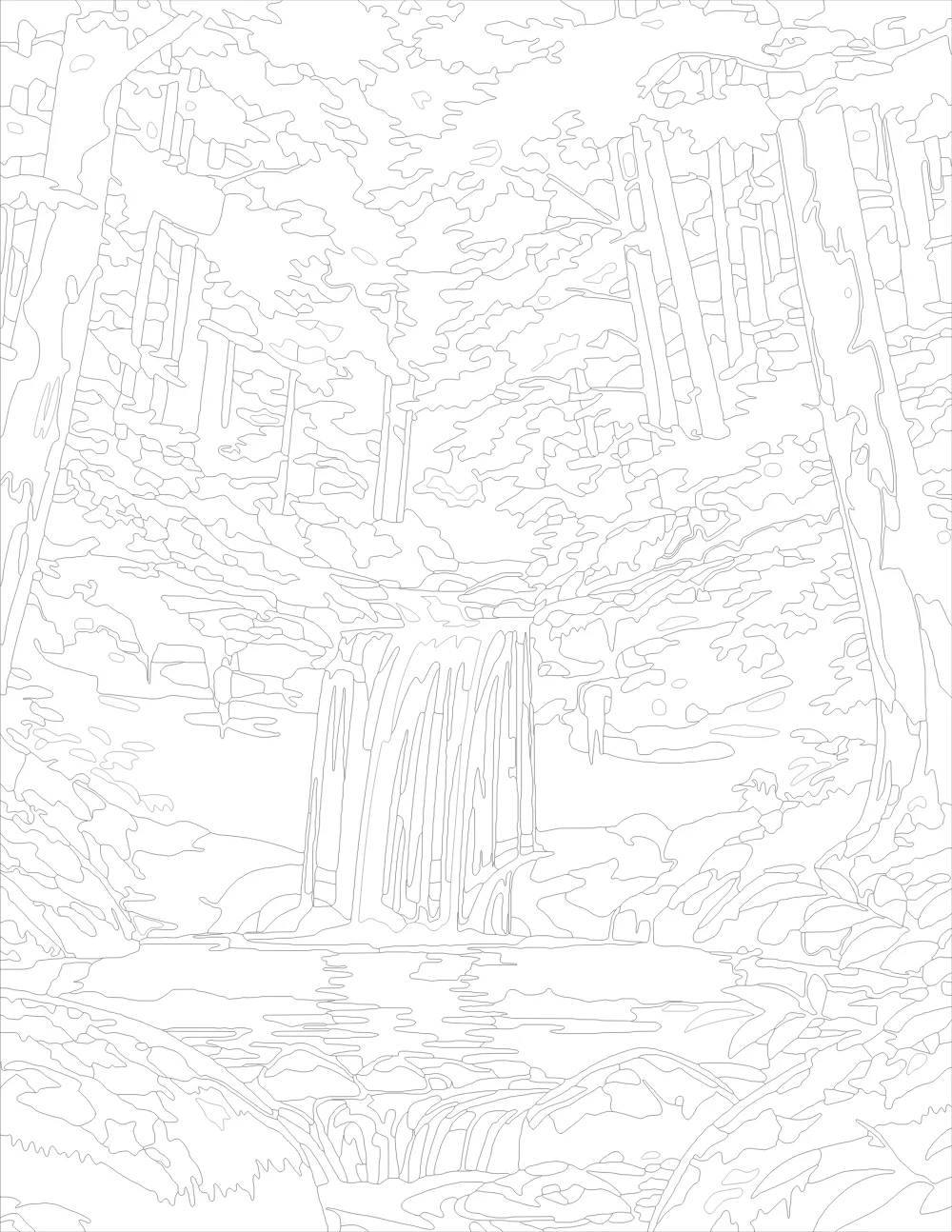 Autumn Forest Waterfall Outline Version