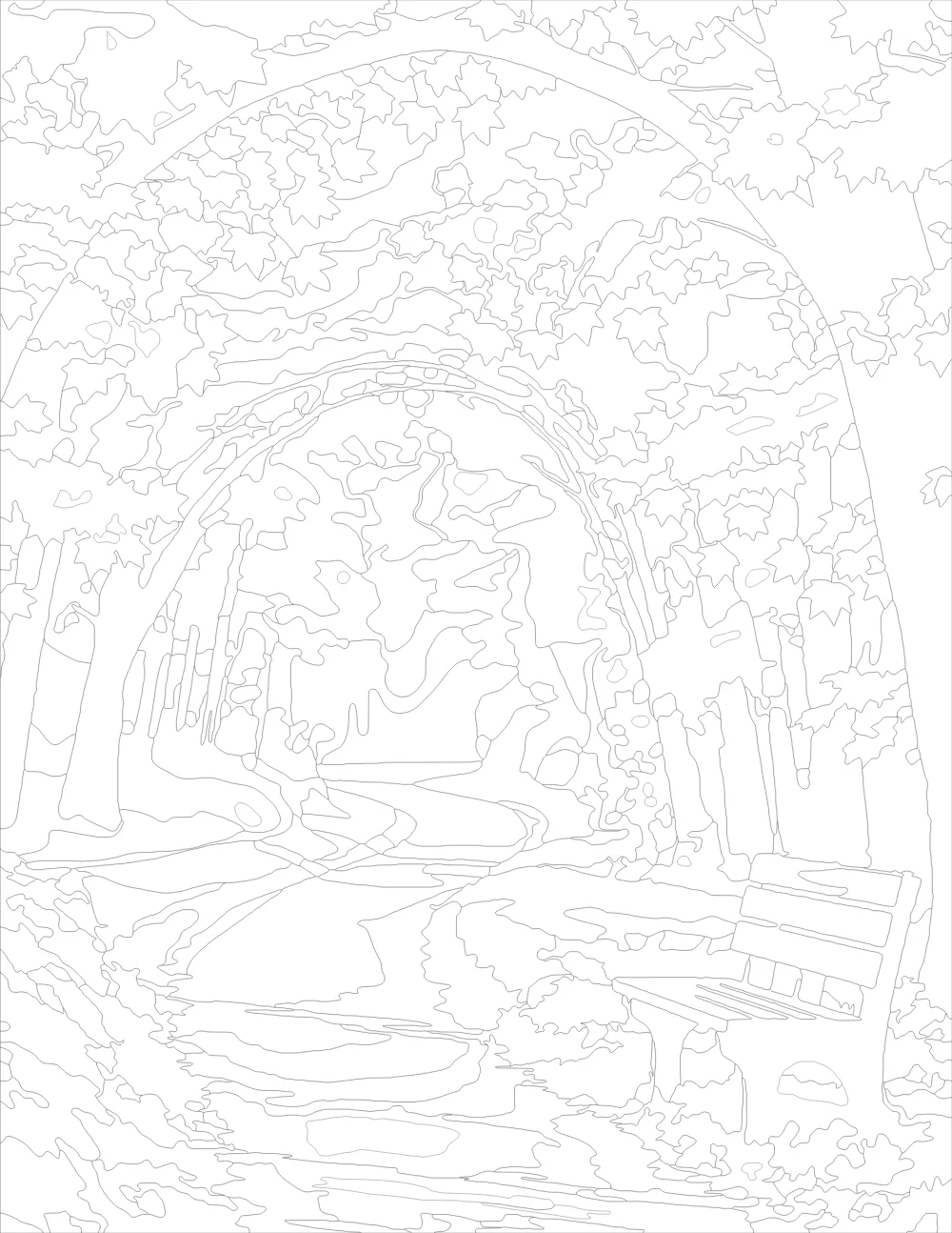 Autumn Path with Bench Outline Version