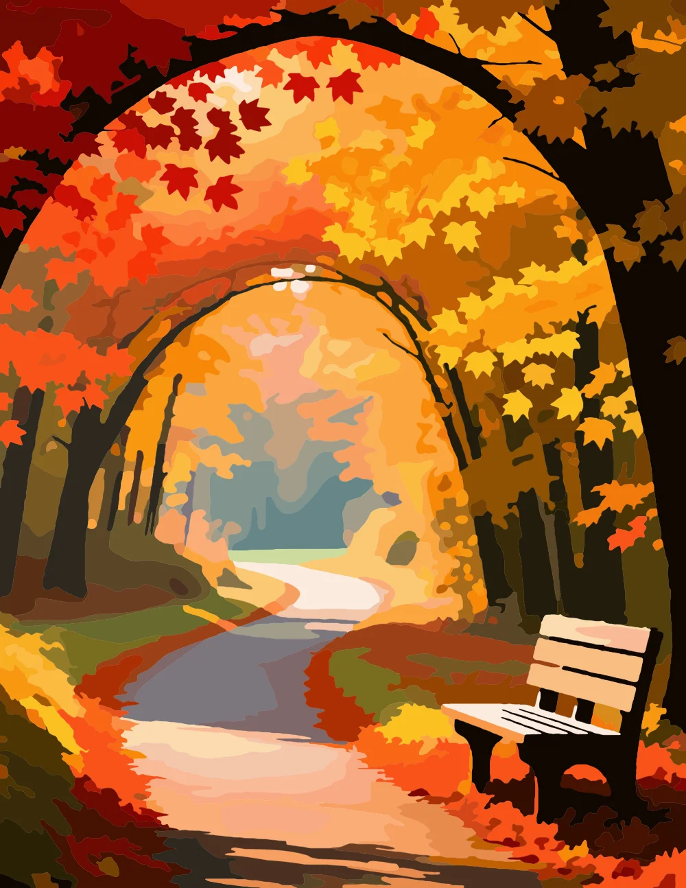 Autumn Path with Bench Full-Color Version