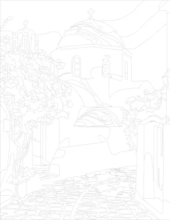 Blue Domed Greek Church with Bougainvillea outline version