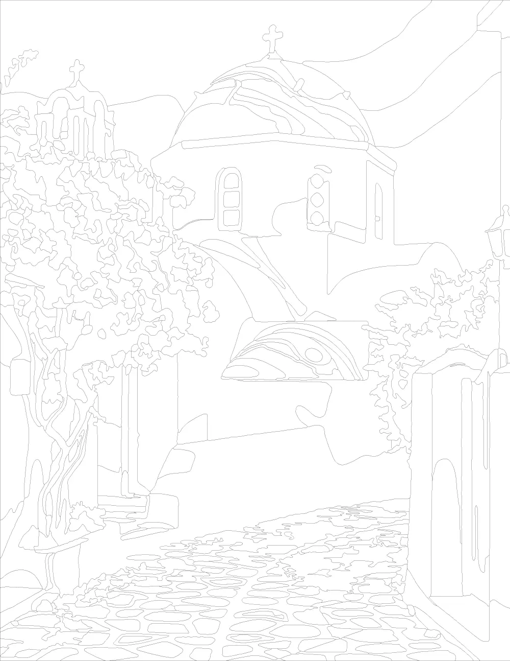 Blue Domed Greek Church with Bougainvillea Outline Version