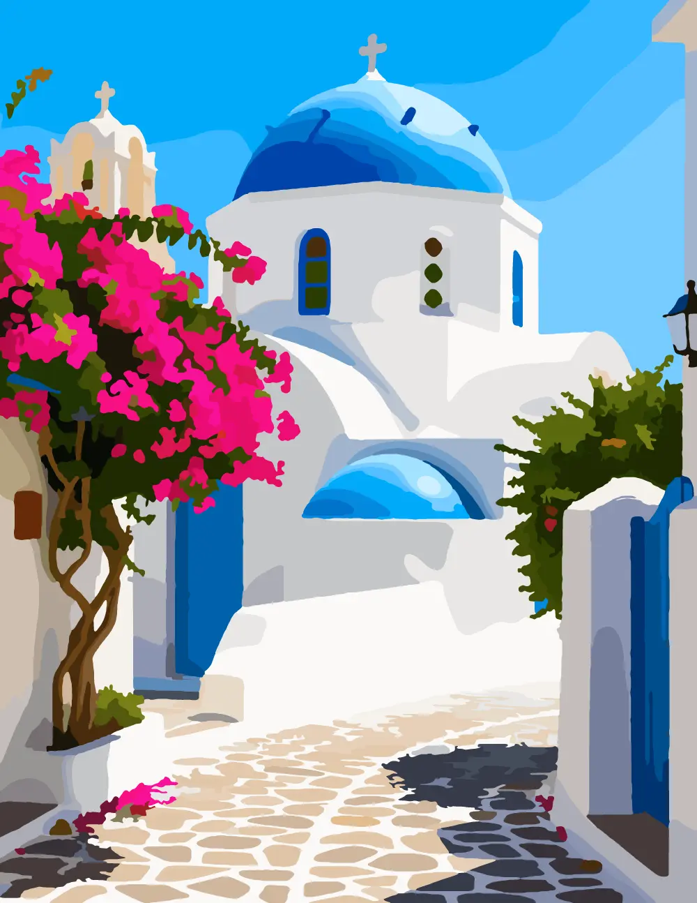 Blue Domed Greek Church with Bougainvillea Full-Color Version