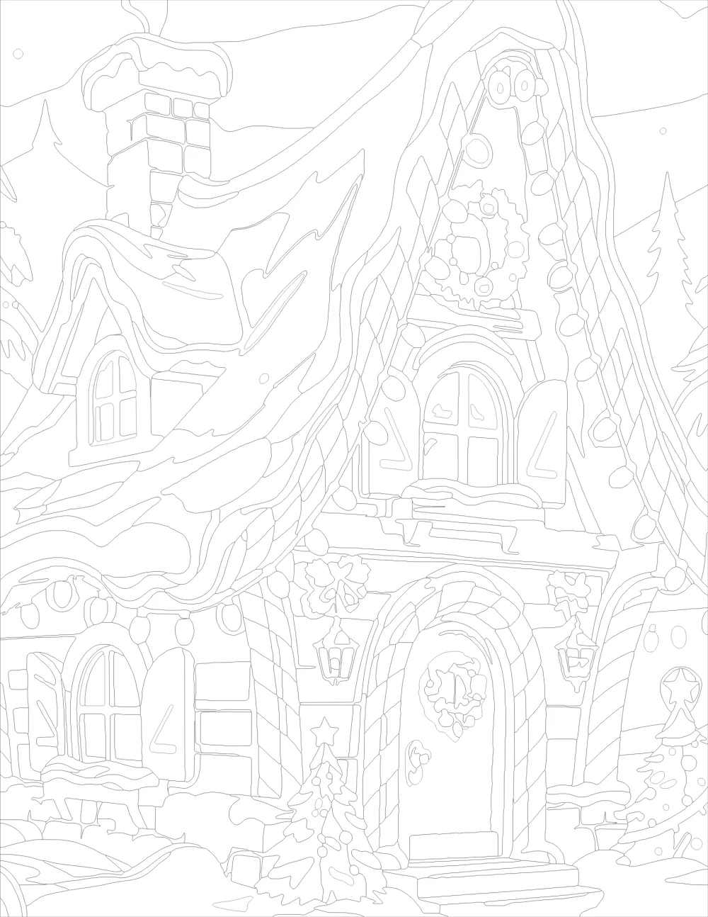 Cozy Christmas Cottage with Candy Cane Trim Outline Version