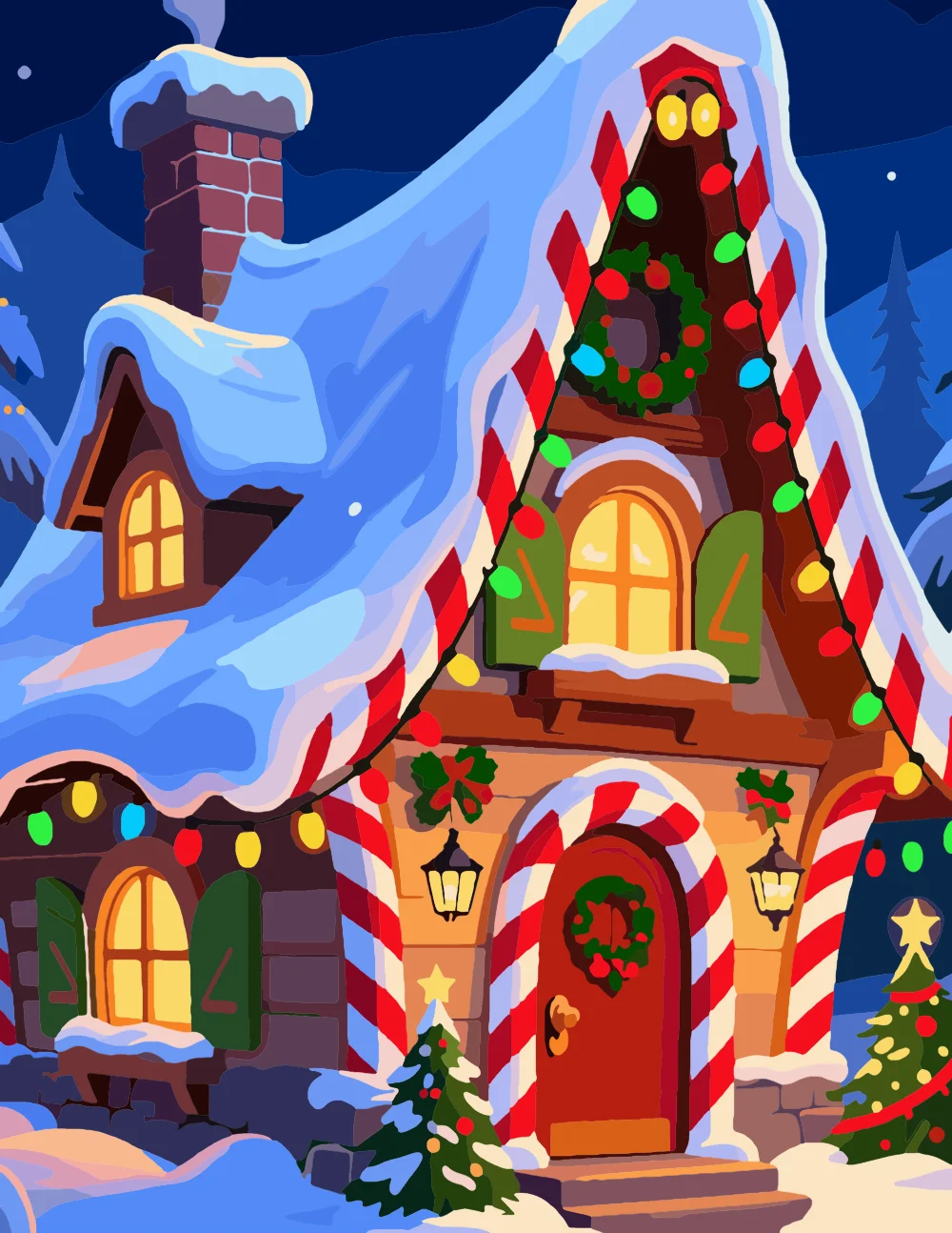 Cozy Christmas Cottage with Candy Cane Trim Full-Color Version