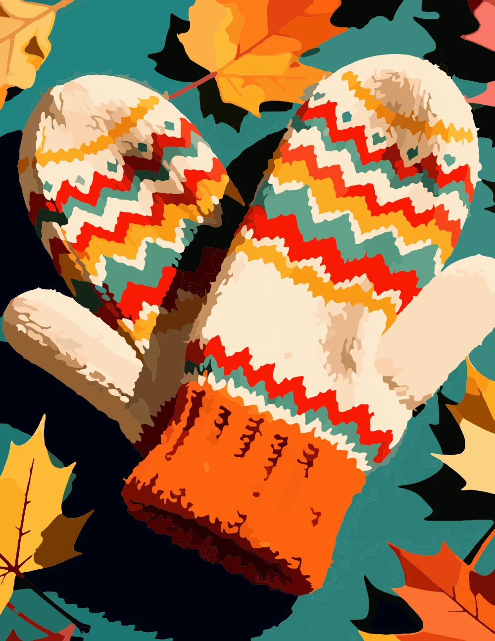 Cozy Knit Mittens with Autumn Leaves front