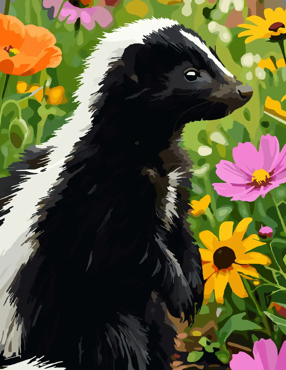 Curious Skunk in a Sunny Wildflower Garden Full-Color Version