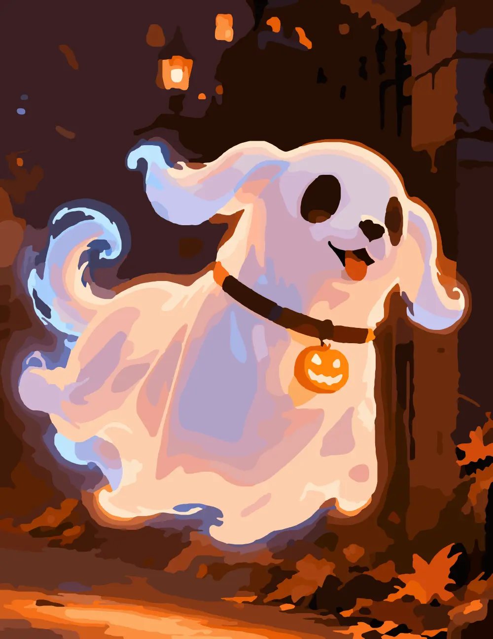 Cute Ghost Dog with Pumpkin Collar Charm front