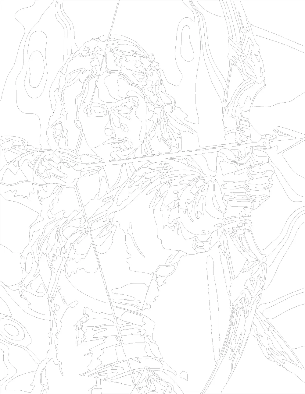 Fantasy Archer Drawing a Bow Outline Version