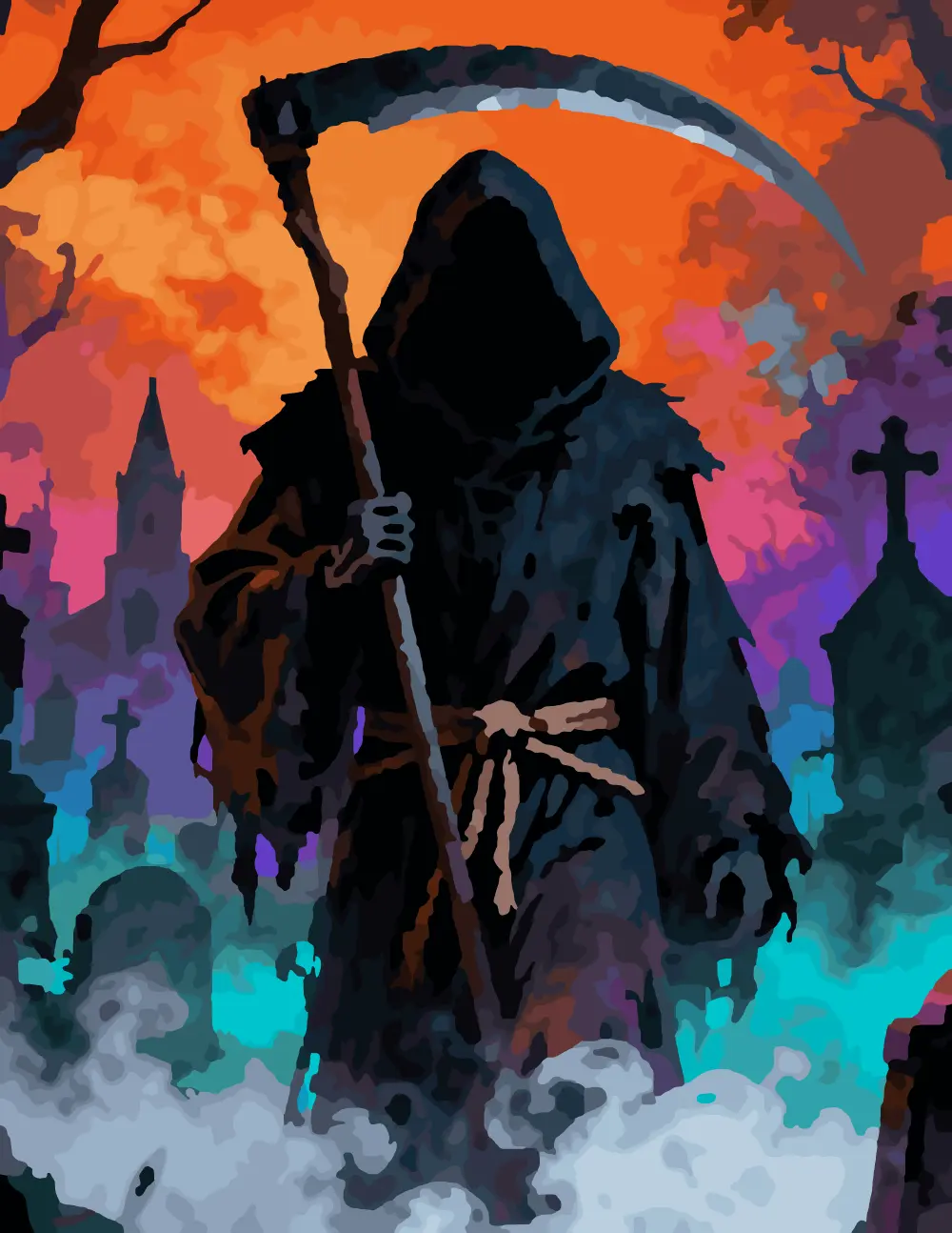 Grim Reaper in a Haunted Cemetery Full-Color Version