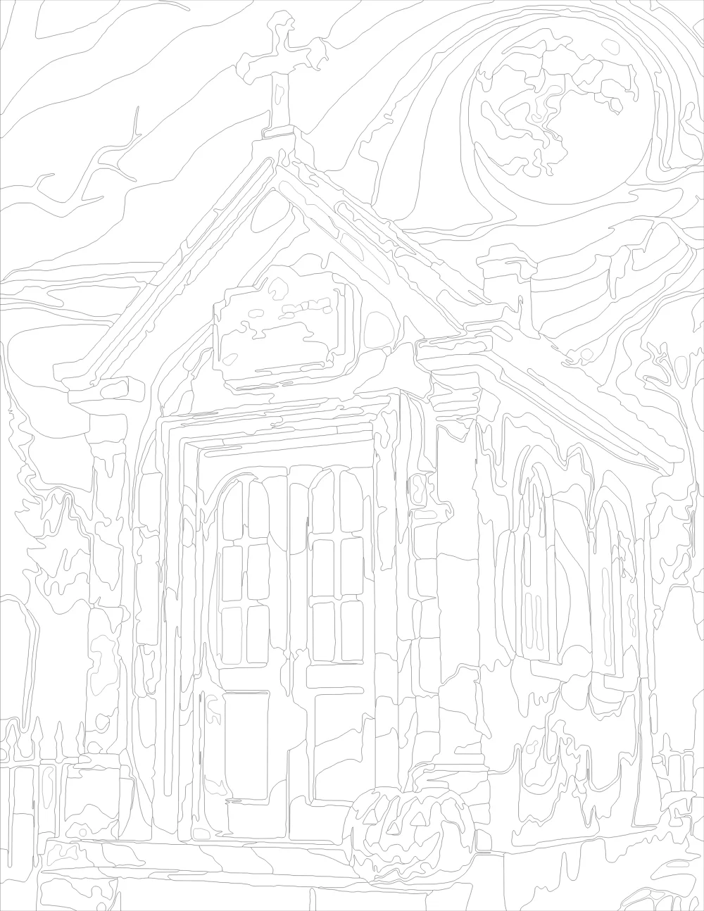 Haunted Mausoleum Under a Full Moon Outline Version