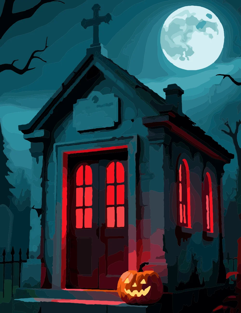 Haunted Mausoleum Under a Full Moon Full-Color Version