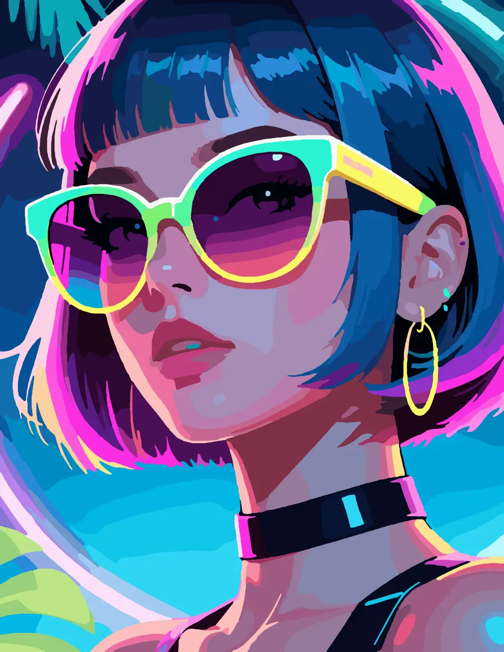Neon Portrait of a Girl in Sunglasses Full-Color Version