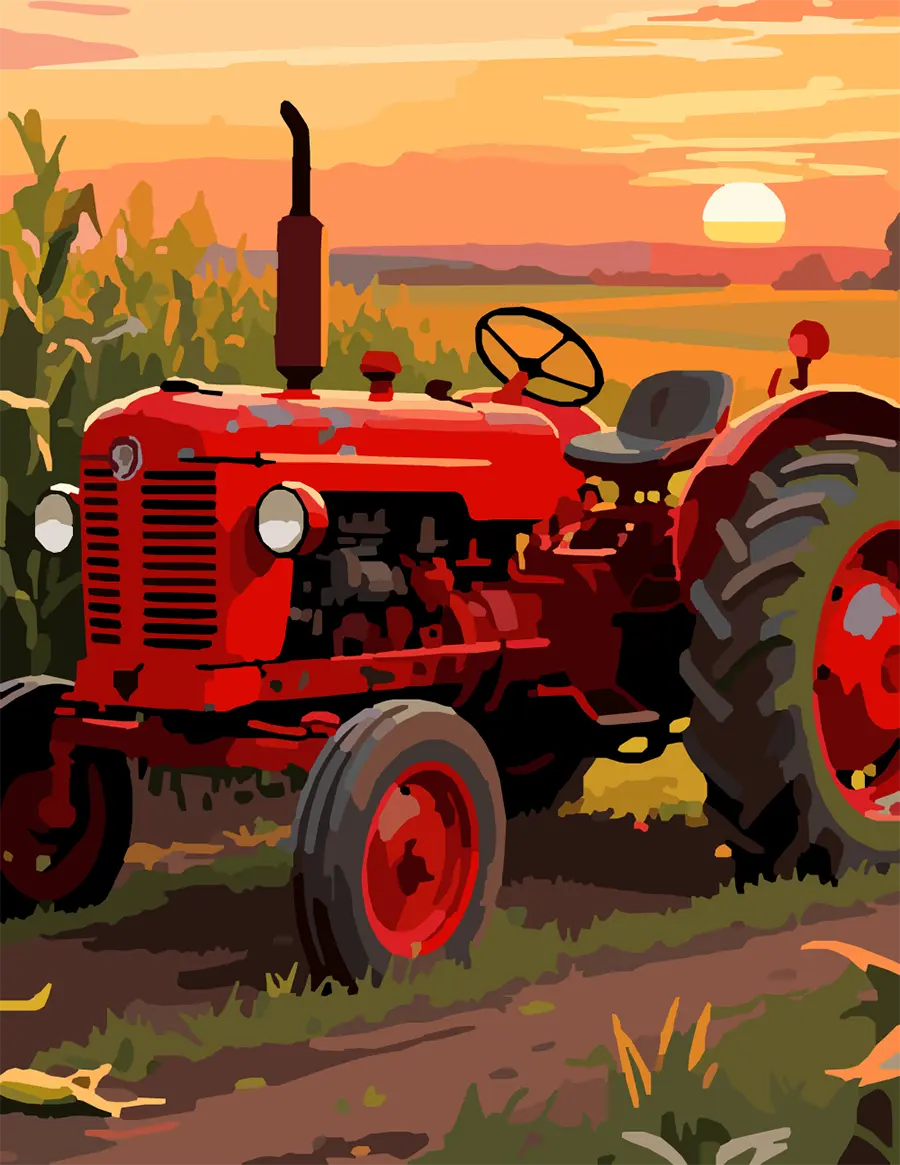 Red Farm Tractor Drag Racing Red Tractor in a Cornfield at Sunset Color by Number