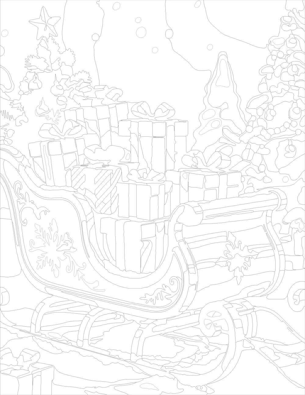 Santa's Sleigh Loaded with Christmas Presents Outline Version
