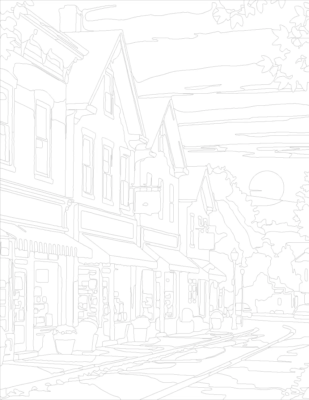 Small Town Main Street in Autumn Outline Version