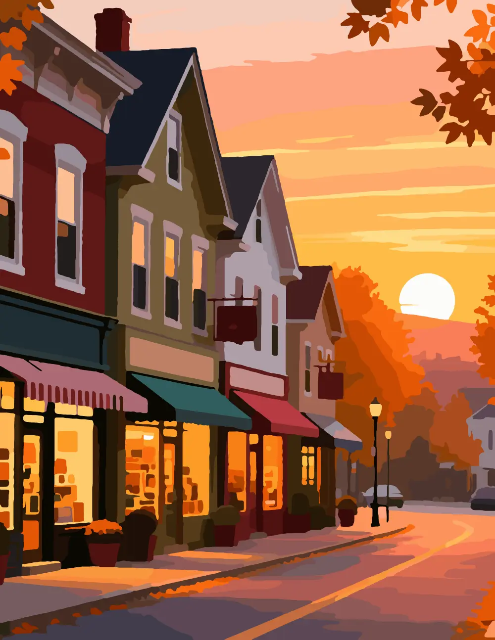 Small Town Main Street in Autumn Full-Color Version