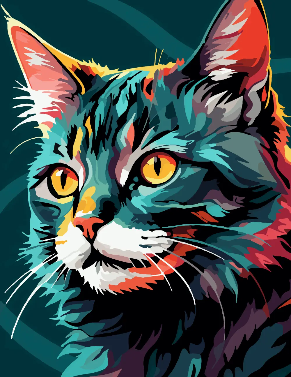 Teal Cat Portrait with Golden Eyes Full-Color Version