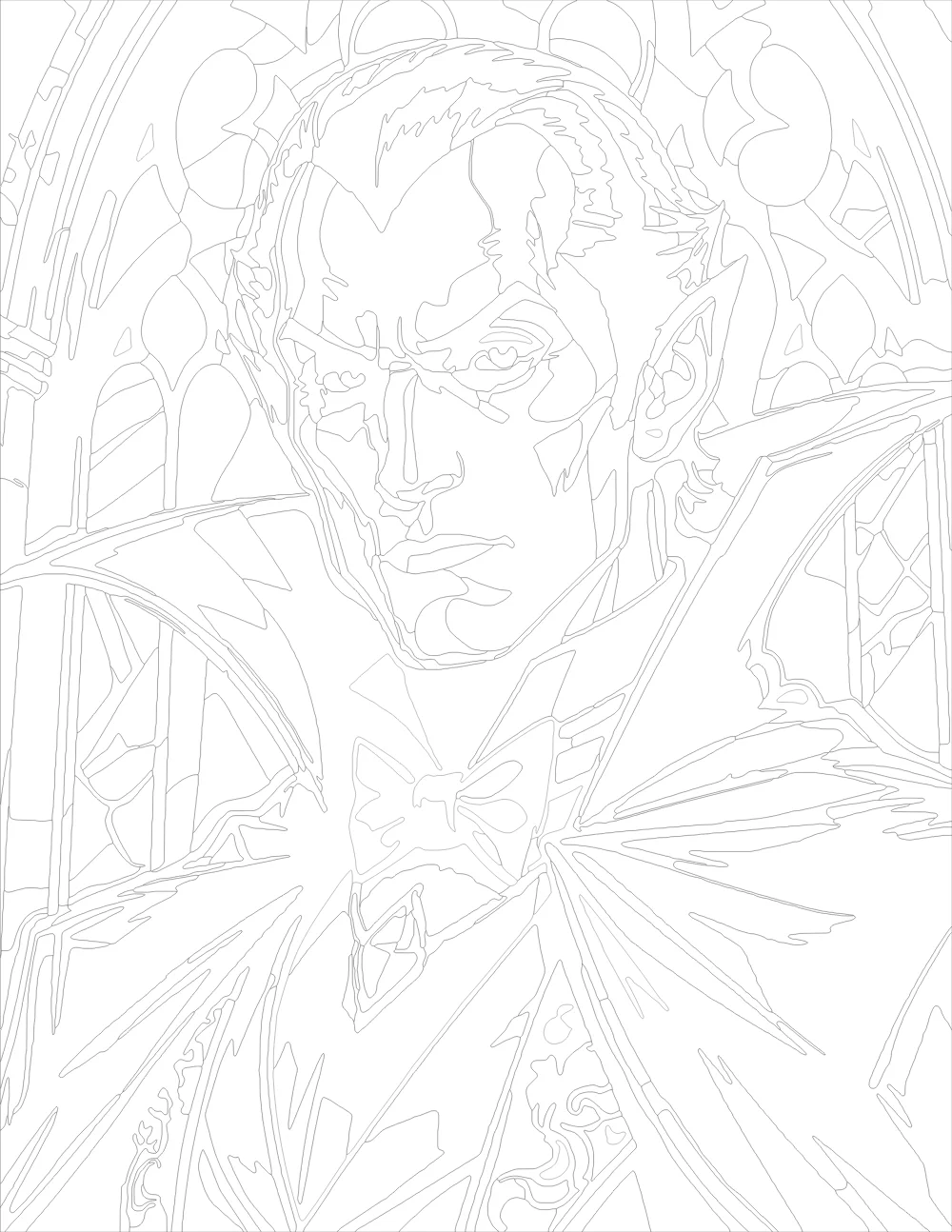 Vampire Against Gothic Stained Glass Outline Version