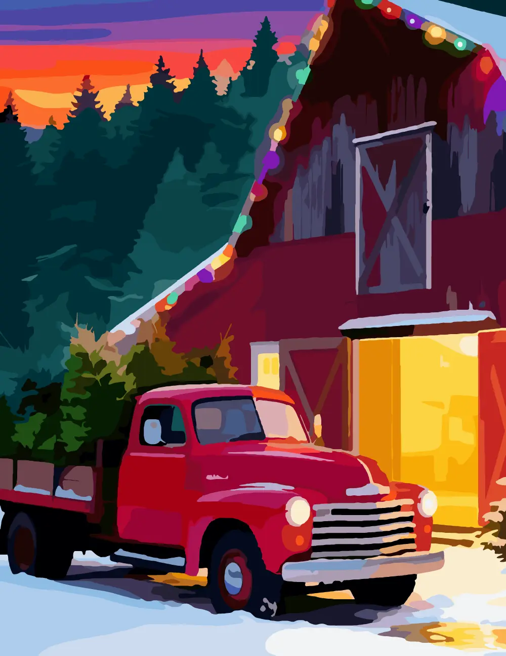 Vintage Red Truck at a Christmas Barn front